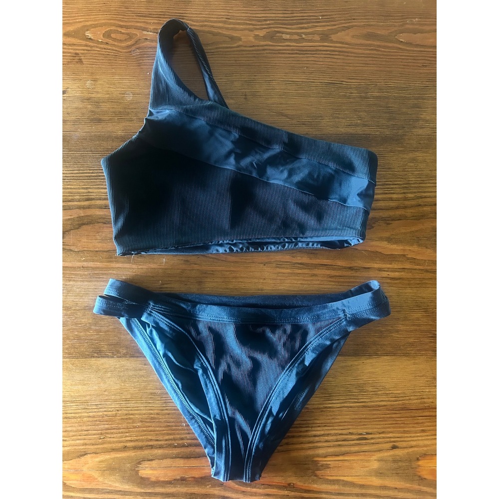 L*Space Black One Shoulder Bikini Set Large